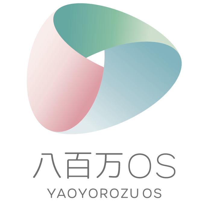 「八」と無限（∞）の記号を融合させた朱色のロゴマーク。日本発のAIインフラ「八百万OS」の公式ロゴ。