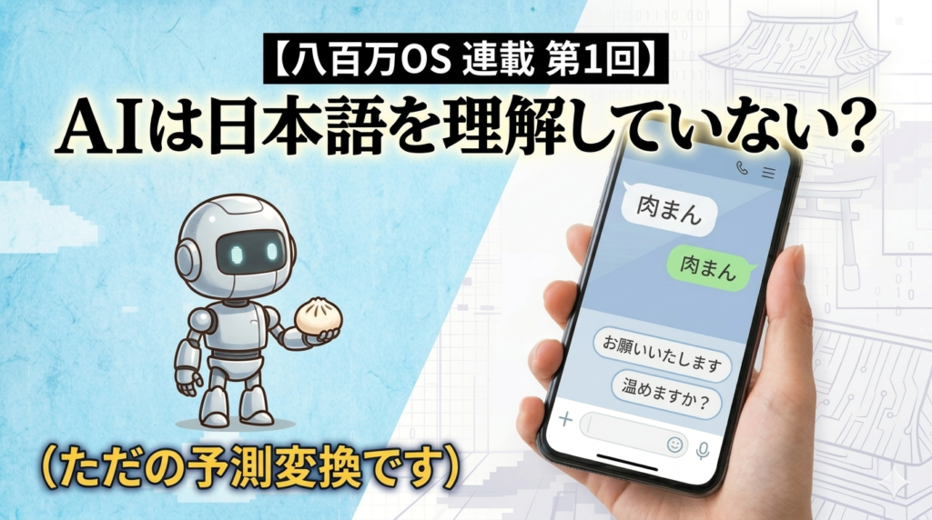 AIは日本語を理解していない？という問いに対し、スマホの予測変換画面と可愛いロボットを描いた八百万OS連載第1回のアイキャッチ。